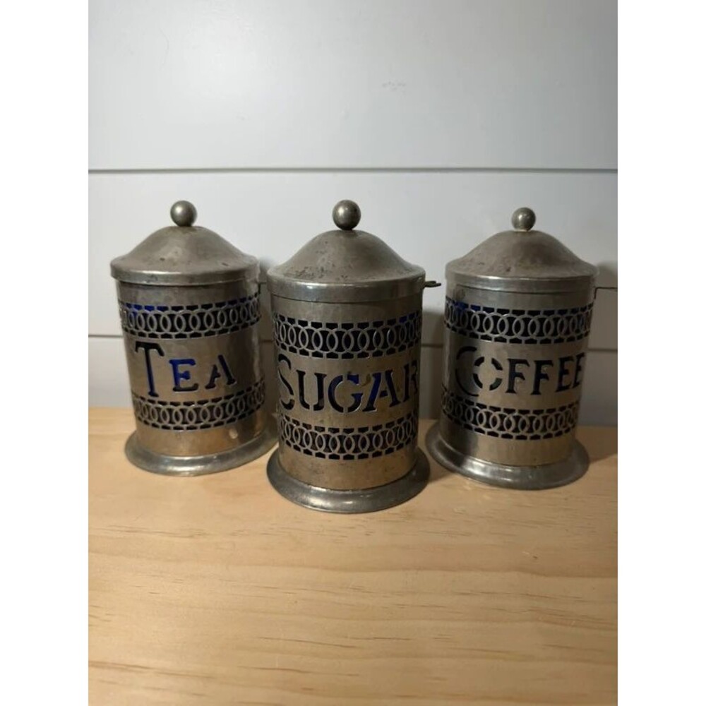 Vintage Silver Tone Cobalt Blue Sugar Coffee Tea Canisters No Spoons